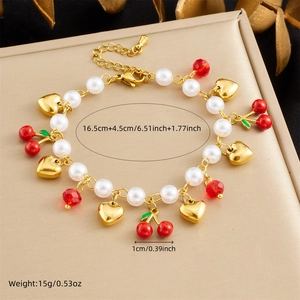 Elegant stainless steel pearl bracelet with cherry charms and golden heart pendants