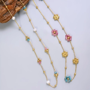 French vintage necklace with natural apatite beads, pearls and gold flower accents