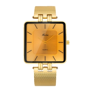 Classic square gold stainless steel mesh band quartz watch for men in a minimalist style