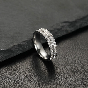 Silver stainless steel double row square zircon couple ring on black background