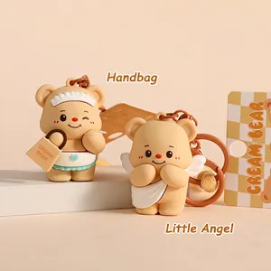 Cute Cream Bear PVC keychain figures in maid and angel styles with premium metal rings