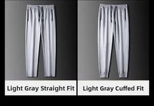Comparación detallada de pantalones deportivos grises en corte recto y puño elástico