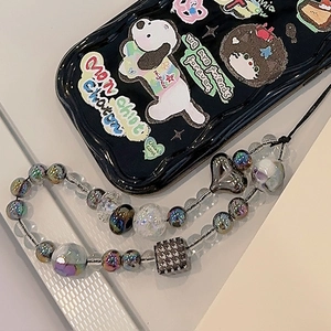 Detail of colorful beaded phone strap with laser beads and wave-edge iPhone case