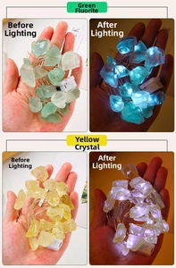 Detail of green fluorite and citrine crystal string lights showing before and after lit effect