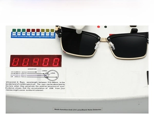 UV400 protection test showing black and gold square sunglasses on a UV detection device