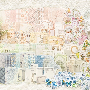 Vintage floral scrapbooking kit with botanical stickers and paper on lace background