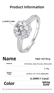 Detail view of 1ct moissanite ring with six-prong floral setting and S925 silver stamp