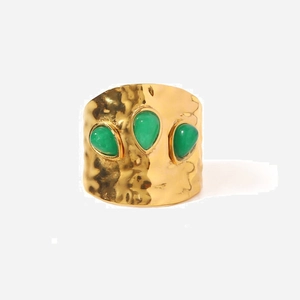 Bague Vintage en Acier Inoxydable à Bande Large pour Femme Plaqué Or Texture Martelée Jade Malais Zirconia Bague Ouverte Bijoux