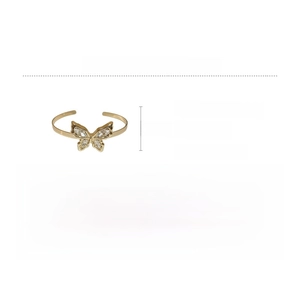 Detail showing dimensions and material of a golden rhinestone butterfly cuff bracelet