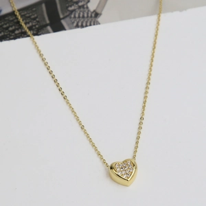 18k gold plated brass heart necklace with micro-pave white crystals for women