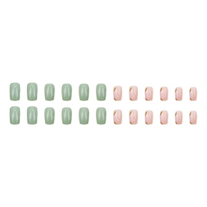 Short square press-on nails with sage green and floral patterns, set of 24 pieces