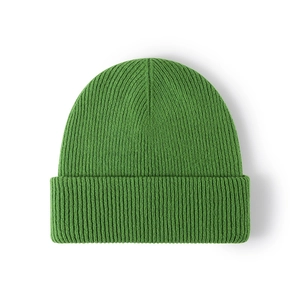 Classic bright grass green ribbed knit beanie with fold-over cuff for winter warmth