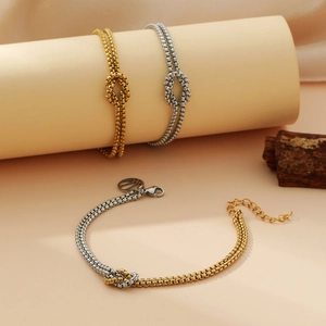 Stainless Steel Double Layer Bracelet Knot Design Basketball Tag Minimalist Geometric Unisex Jewelry Accessory
