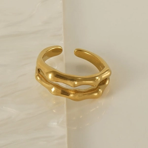 Anello a doppio strato motivo bambù in acciaio inossidabile placcato oro 18K regolabile