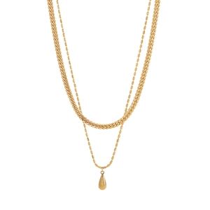 Double-layered golden stainless steel necklace with flat chain and teardrop pendant