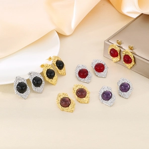 French vintage 18K gold plated earrings with colorful irregular cat-eye stones