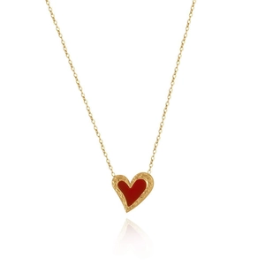 Gold titanium steel necklace featuring a red heart pendant with unique hammered texture