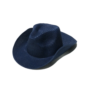 Detail view of dark blue woven straw cowboy hat showing texture and curved brim