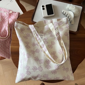Sac fourre-tout en toile crème à nœuds violets avec grande capacité pour étudiants
