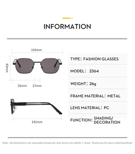 Detailed technical specifications and sizing diagram for small metal frame sunglasses