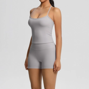 Detail of light grey yoga set with brushed texture and thin straps camisole top