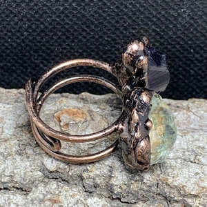 Vintage handmade copper adjustable ring with raw amethyst and green crystal stones