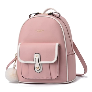 Pink PU leather backpack for women with white trim and fuzzy pompom accessory