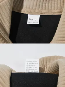 Detailed view of the size L label and 100% polyester fabric texture of this men's sweatshirt