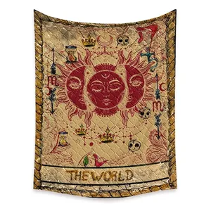 Detail of The World tarot tapestry with quilted diamond texture and mystical occult symbols