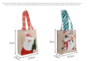 Detail of Christmas jute gift bags with Santa and snowman motifs, size 19x15.5x4.5cm