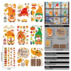 9-sheet set of Thanksgiving gnome window clings with pumpkins and maple leaves stickers