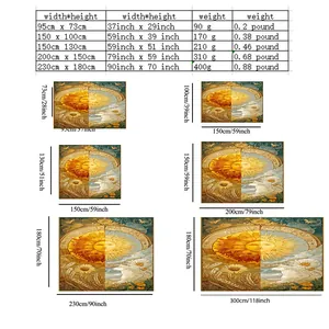 Size chart showing multiple dimensions and weights for the mandala wall tapestry décor