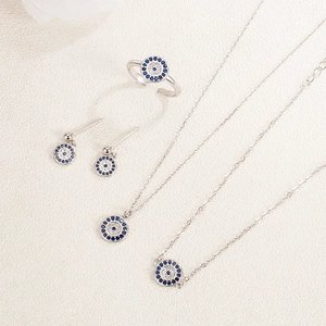 S925 Sterling silver evil eye jewelry set with necklace earrings and ring in silver finish
