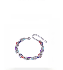Detail of colorful enamel link chain bracelet with lobster clasp and S.steel tag