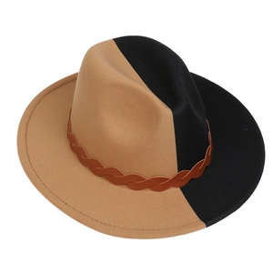 Detail view of two-tone wool fedora hat with brown leather braided band and wide brim