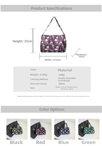 Detailed spec sheet of skull pattern tote bag showing size 37.5x25x16cm and multiple colors