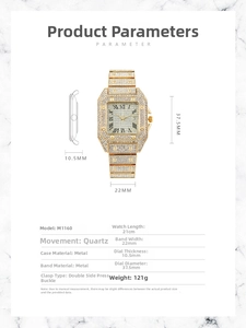 Detailed specifications for square gold quartz watch with full crystal pavé and metal band