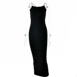 Elegant black backless bodycon maxi dress with thin straps and side slit for women