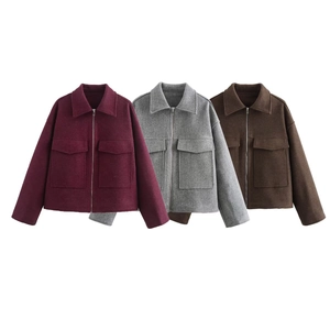 Giacca Corta In Lana Da Donna Con Cerniera Colletto A Revers Vestibilità Comoda Cappotto Con Grandi Tasche A Patta