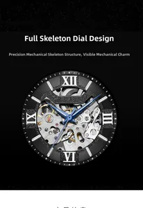 Detail view of the skeleton mechanical watch movement with blue hands and Roman numerals