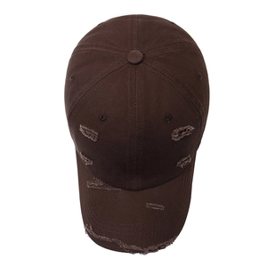 Distressed dark brown baseball cap with ripped details and frayed brim for unisex