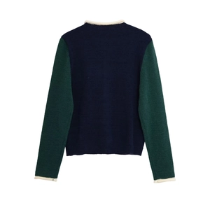 Women's color-block knit sweater in navy blue and forest green with crew neck