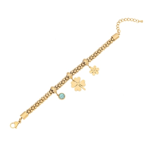 Gold fashion charm bracelet with clover, flower, and turquoise stone on beaded metal chain