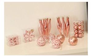 Detail of rose gold Christmas ornaments showing various textures and shapes in 40pcs set