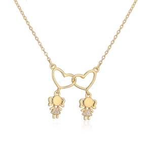 18K gold plated necklace featuring interlocking hearts and two girl figure pendants