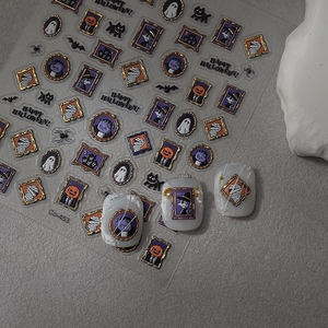 Halloween 3D embossed nail art stickers with vintage pumpkin, ghost and bat motifs