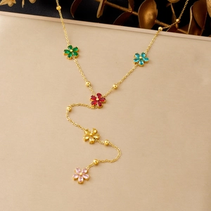Collier en Y doré en acier inoxydable avec cinq pendentifs fleurs en zircon colorés