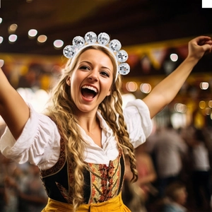 Action shot of silver disco ball headband worn by a laughing woman at a party