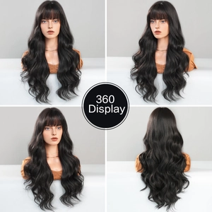 360-degree display of natural black long wavy wig with full bangs on model head