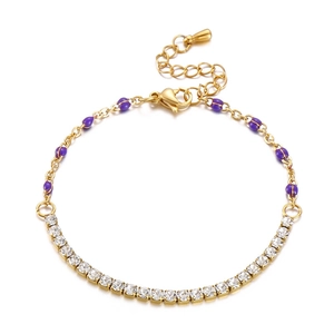 Gold-plated chain bracelet featuring purple enamel beads and sparkling clear zircons